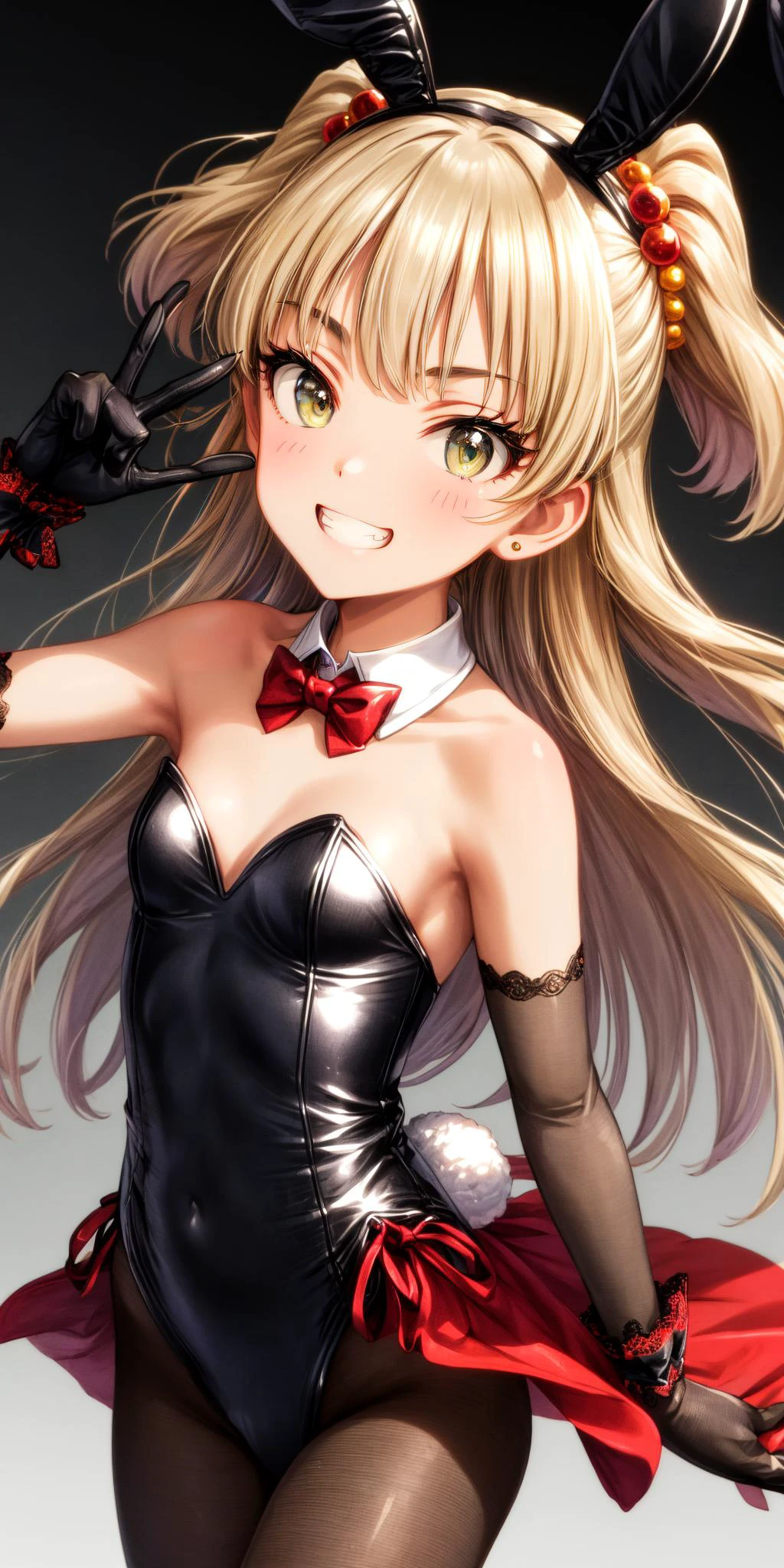 (masterpiece), best quality, (((ultra detailed, 8k quality))), expressive eyes, perfect face, perfect anatomy, perfect body, scene, <lora:scene_:0.7>, <lora:more_details:0.7>, <lora:beautiful_detailed_eyes:0.5>, <lora:GoodHands-beta2:1>, <lora:give_it_a_name:0.7>,
aarika, long hair, two side up, hair bobbles, small breasts, <lora:jougasaki_rika_v1:0.7>, bare shoulders, brown pantyhose, bowtie, rabbit ears, red bow, black leotard, wrist cuffs, strapless, detached collar, fake animal ears, playboy bunny, red bowtie, leotard, strapless leotard, elbow gloves, grin, peace sign, close portrait ,