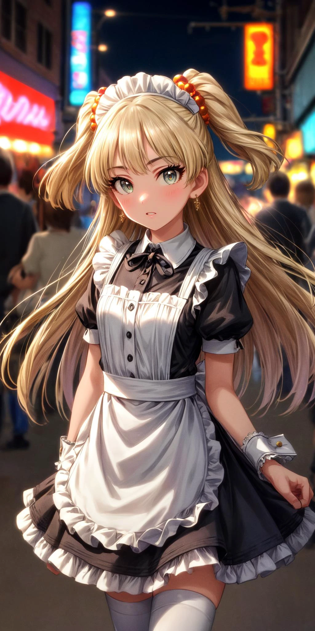 (masterpiece), best quality, (((ultra detailed, 8k quality))), expressive eyes, perfect face, perfect anatomy, perfect body, scene, <lora:scene_:0.7>, <lora:more_details:0.7>, <lora:beautiful_detailed_eyes:0.5>, <lora:GoodHands-beta2:1>, <lora:give_it_a_name:0.7>,
aarika, long hair, two side up, hair bobbles, small breasts. maid headdress, maid, frills, black dress, short sleeves, puffy sleeves, wrist cuffs, maid apron, white apron, white thighhighs,, <lora:jougasaki_rika_v1:0.7>, (eyes looking away from the viewer:1.3, looking away from viewer:1.3), nighttime, city streets, neon signs, crowd behind,