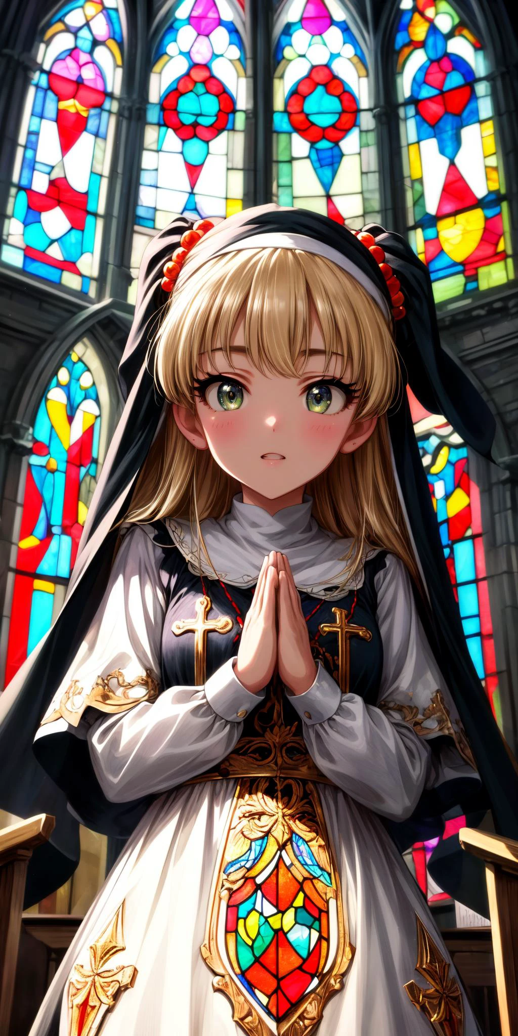 (masterpiece), best quality, (((ultra detailed, 8k quality))), expressive eyes, perfect face, perfect anatomy, perfect body, scene, <lora:scene_:0.7>, <lora:more_details:0.7>, <lora:beautiful_detailed_eyes:0.5>, <lora:GoodHands-beta2:1>, <lora:give_it_a_name:0.7>,
aarika, long hair, two side up, hair bobbles, small breasts, <lora:jougasaki_rika_v1:0.7>, indoor, church, praying, indoors, church, stained glass, window, sunlight, nun ouftit,