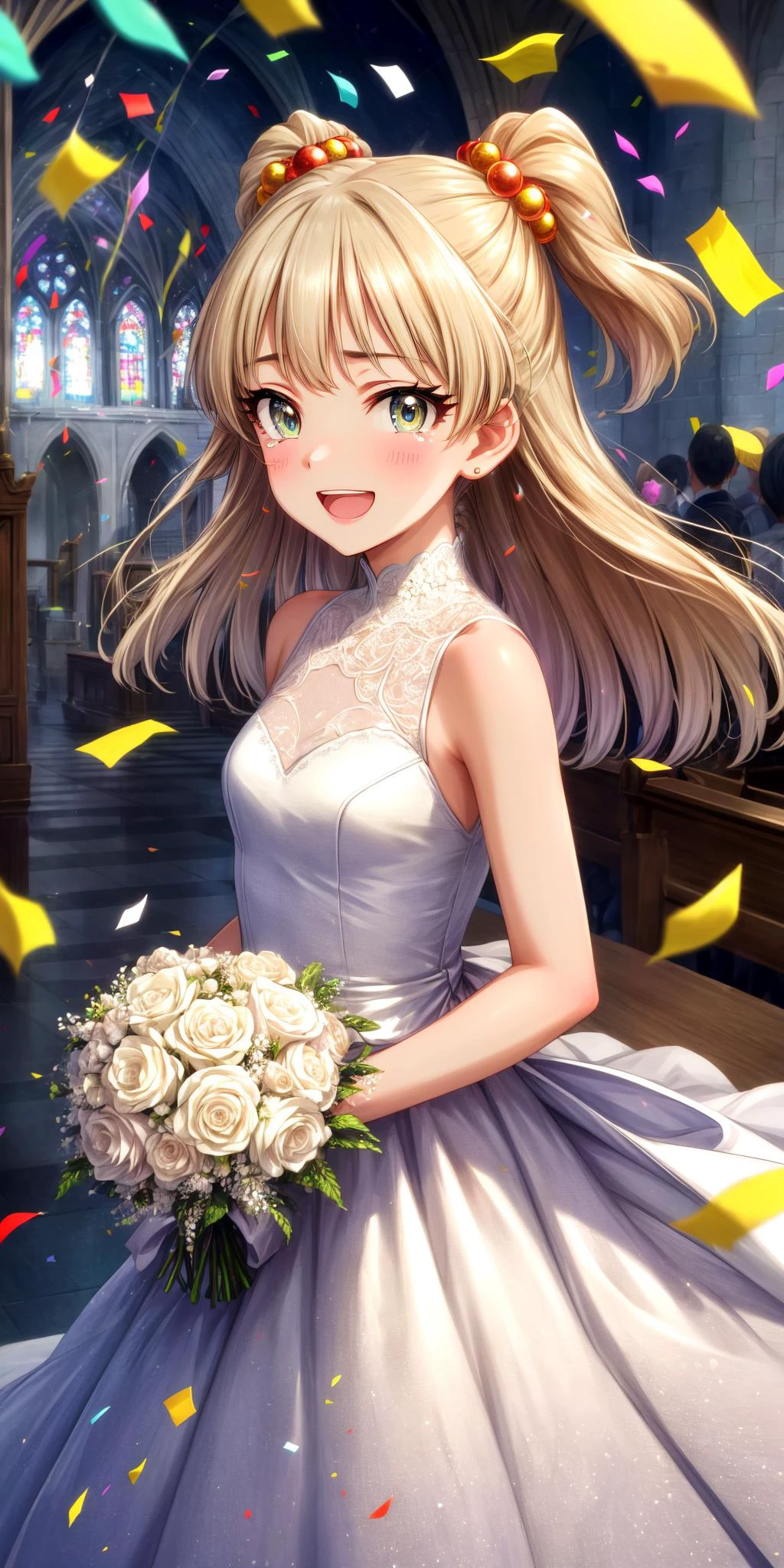 (masterpiece), best quality, (((ultra detailed, 8k quality))), expressive eyes, perfect face, perfect anatomy, perfect body, scene, <lora:scene_:0.7>, <lora:more_details:0.7>, <lora:beautiful_detailed_eyes:0.5>, <lora:GoodHands-beta2:1>, <lora:give_it_a_name:0.7>,
aarika, long hair, two side up, hair bobbles, small breasts, <lora:jougasaki_rika_v1:0.7>,church, holding bouquet, tears, (confetti:1.1), smile, open mouth, white dress, wedding dress, church, holding bouquet, tears, (confetti:1.1), smile, open mouth,