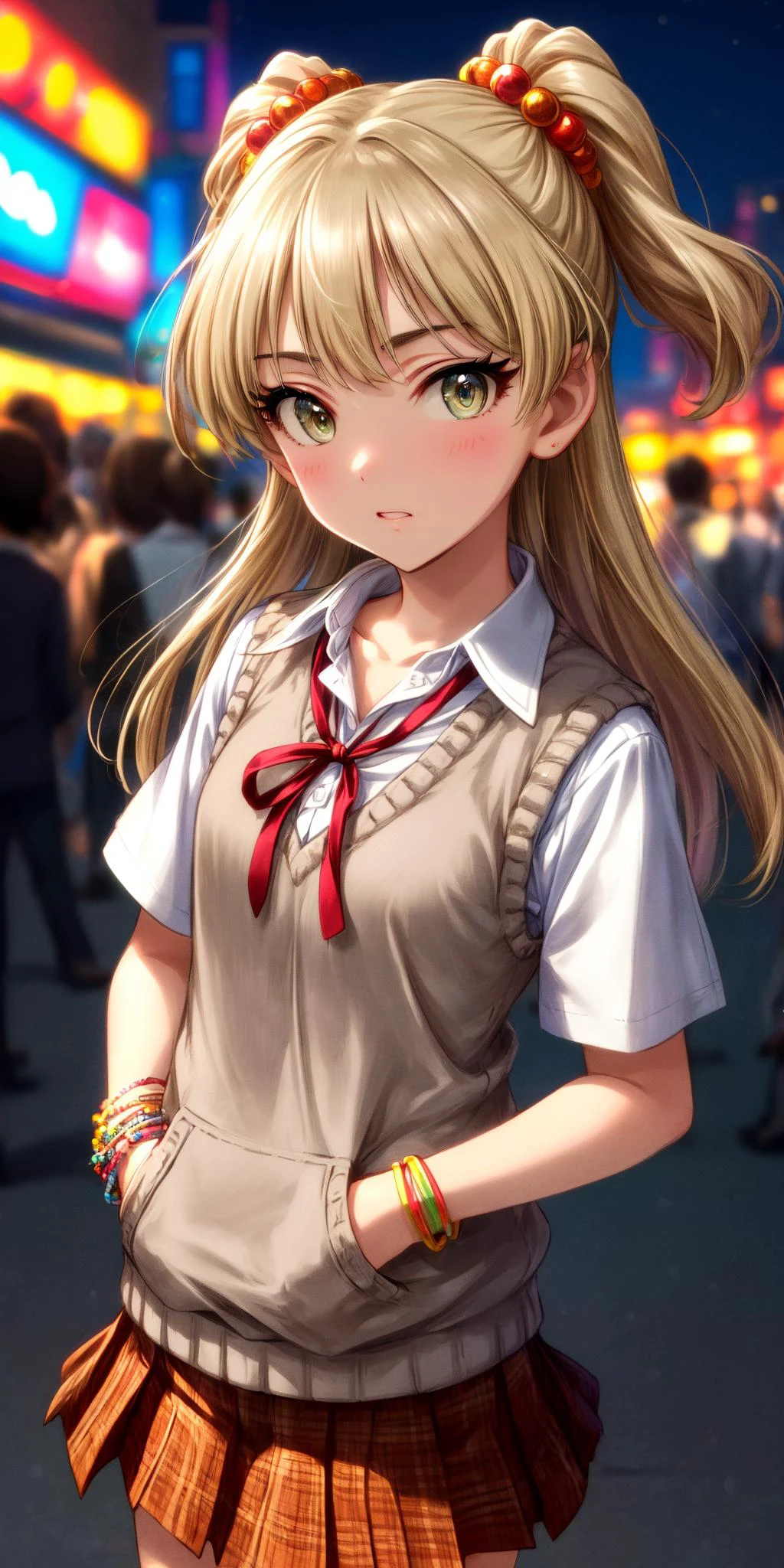 (masterpiece), best quality, (((ultra detailed, 8k quality))), expressive eyes, perfect face, perfect anatomy, perfect body, scene, <lora:scene_:0.7>, <lora:more_details:0.7>, <lora:beautiful_detailed_eyes:0.5>, <lora:GoodHands-beta2:1>, <lora:give_it_a_name:0.7>,
aarika, long hair, two side up, hair bobbles, small breasts. school uniform, collarbone, neck ribbon, collared shirt, sweater vest, brown vest, short sleeves, bracelet, plaid skirt, orange skirt, <lora:jougasaki_rika_v1:0.7>, (eyes looking away from the viewer:1.3, looking away from viewer:1.3), hands in pocket, nighttime, city streets, neon signs, crowd behind,