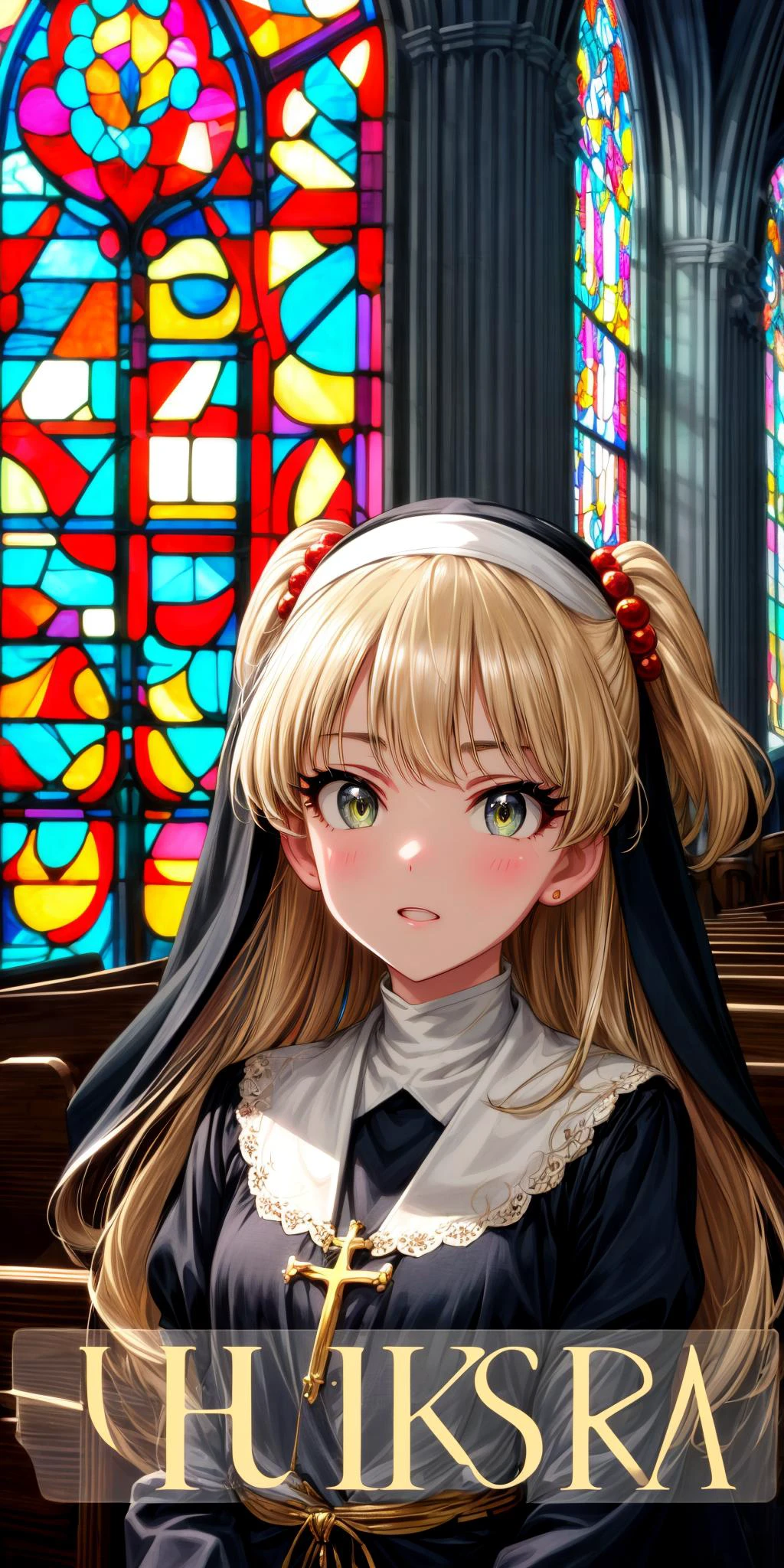 (masterpiece), best quality, (((ultra detailed, 8k quality))), expressive eyes, perfect face, perfect anatomy, perfect body, scene, <lora:scene_:0.7>, <lora:more_details:0.7>, <lora:beautiful_detailed_eyes:0.5>, <lora:GoodHands-beta2:1>, <lora:give_it_a_name:0.7>,
aarika, long hair, two side up, hair bobbles, small breasts, <lora:jougasaki_rika_v1:0.7>, indoor, church, praying, indoors, church, stained glass, window, sunlight, nun ouftit,