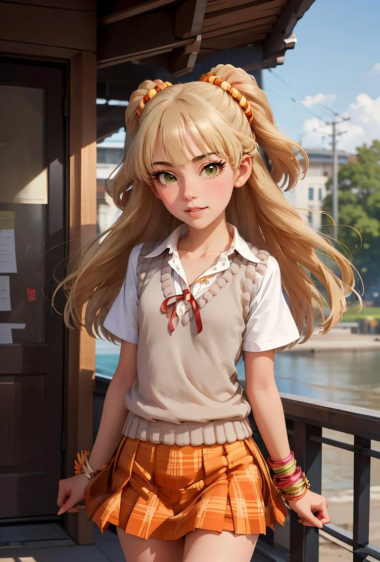 (masterpiece, best quality), 1girl, <lora:jougasaki_rika_v1:1> aarika, long hair, two side up, hair bobbles, small breasts, school uniform, collarbone, neck ribbon, collared shirt, sweater vest, short sleeves, bracelet, plaid skirt, orange skirt