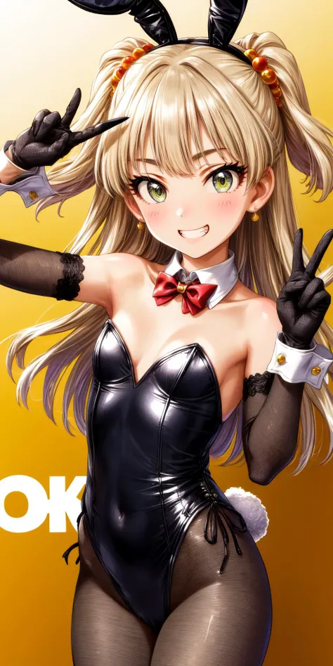 (masterpiece), best quality, (((ultra detailed, 8k quality))), expressive eyes, perfect face, perfect anatomy, perfect body, scene, <lora:scene_:0.7>, <lora:more_details:0.7>, <lora:beautiful_detailed_eyes:0.5>, <lora:GoodHands-beta2:1>, <lora:give_it_a_name:0.7>,
aarika, long hair, two side up, hair bobbles, small breasts, <lora:jougasaki_rika_v1:0.7>, bare shoulders, brown pantyhose, bowtie, rabbit ears, red bow, black leotard, wrist cuffs, strapless, detached collar, fake animal ears, playboy bunny, red bowtie, leotard, strapless leotard, elbow gloves, grin, peace sign, close portrait ,