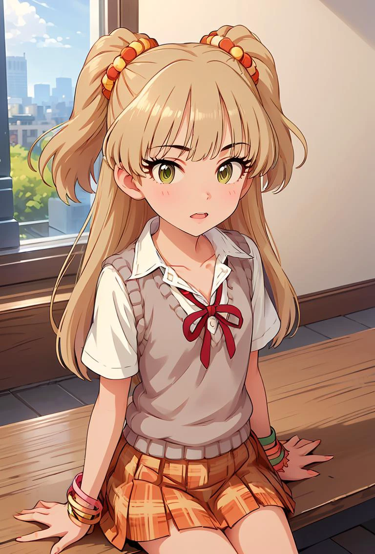 (masterpiece, best quality), 1girl, <lora:jougasaki_rika_v1:1> aarika, long hair, two side up, hair bobbles, small breasts, school uniform, collarbone, neck ribbon, collared shirt, sweater vest, short sleeves, bracelet, plaid skirt, orange skirt