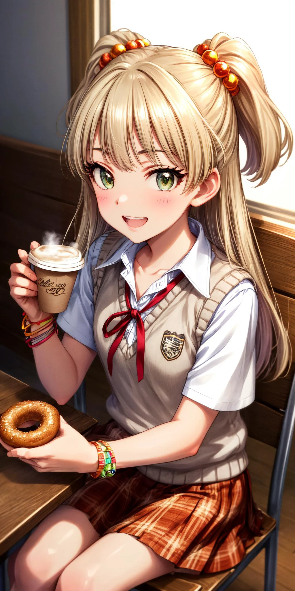 (masterpiece), best quality, (((ultra detailed, 8k quality))), expressive eyes, perfect face, perfect anatomy, perfect body, scene, <lora:scene_:0.7>, <lora:more_details:0.7>, <lora:beautiful_detailed_eyes:0.5>, <lora:GoodHands-beta2:1>, <lora:give_it_a_name:0.7>,
aarika, long hair, two side up, hair bobbles, small breasts, <lora:jougasaki_rika_v1:0.7>, open mouth, upper tooth, smile, , sitting, table, chair, coffee shop, holding coffee cup, doughnut, food, smile, school uniform, collarbone, neck ribbon, collared shirt, sweater vest, short sleeves, bracelet, plaid skirt, orange skirt