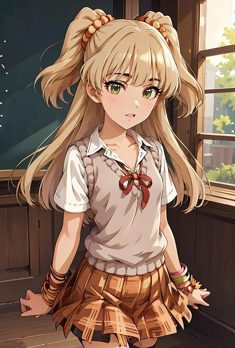(masterpiece, best quality), 1girl, <lora:jougasaki_rika_v1:1> aarika, long hair, two side up, hair bobbles, small breasts, school uniform, collarbone, neck ribbon, collared shirt, sweater vest, short sleeves, bracelet, plaid skirt, orange skirt