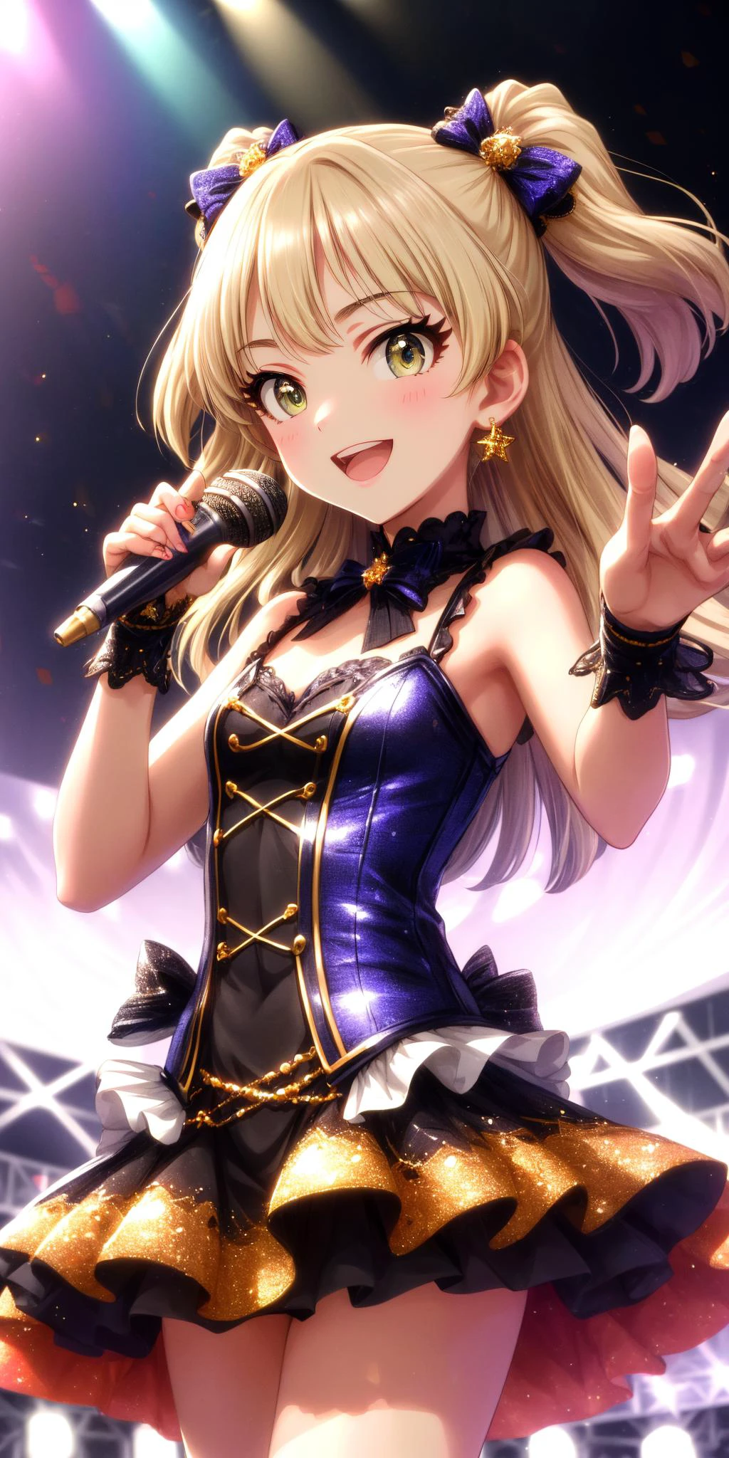 (masterpiece), best quality, (((ultra detailed, 8k quality))), expressive eyes, perfect face, perfect anatomy, perfect body, scene, <lora:scene_:0.7>, <lora:more_details:0.7>, <lora:beautiful_detailed_eyes:0.5>, <lora:GoodHands-beta2:1>, <lora:give_it_a_name:0.7>,
aarika, long hair, two side up, hair bow, small breasts. <lora:jougasaki_rika_v1:0.7>, idol clothes, hair ornament, standing, cowboy shot, singing, stage, holding microphone, smile, open mouth, reaching out,