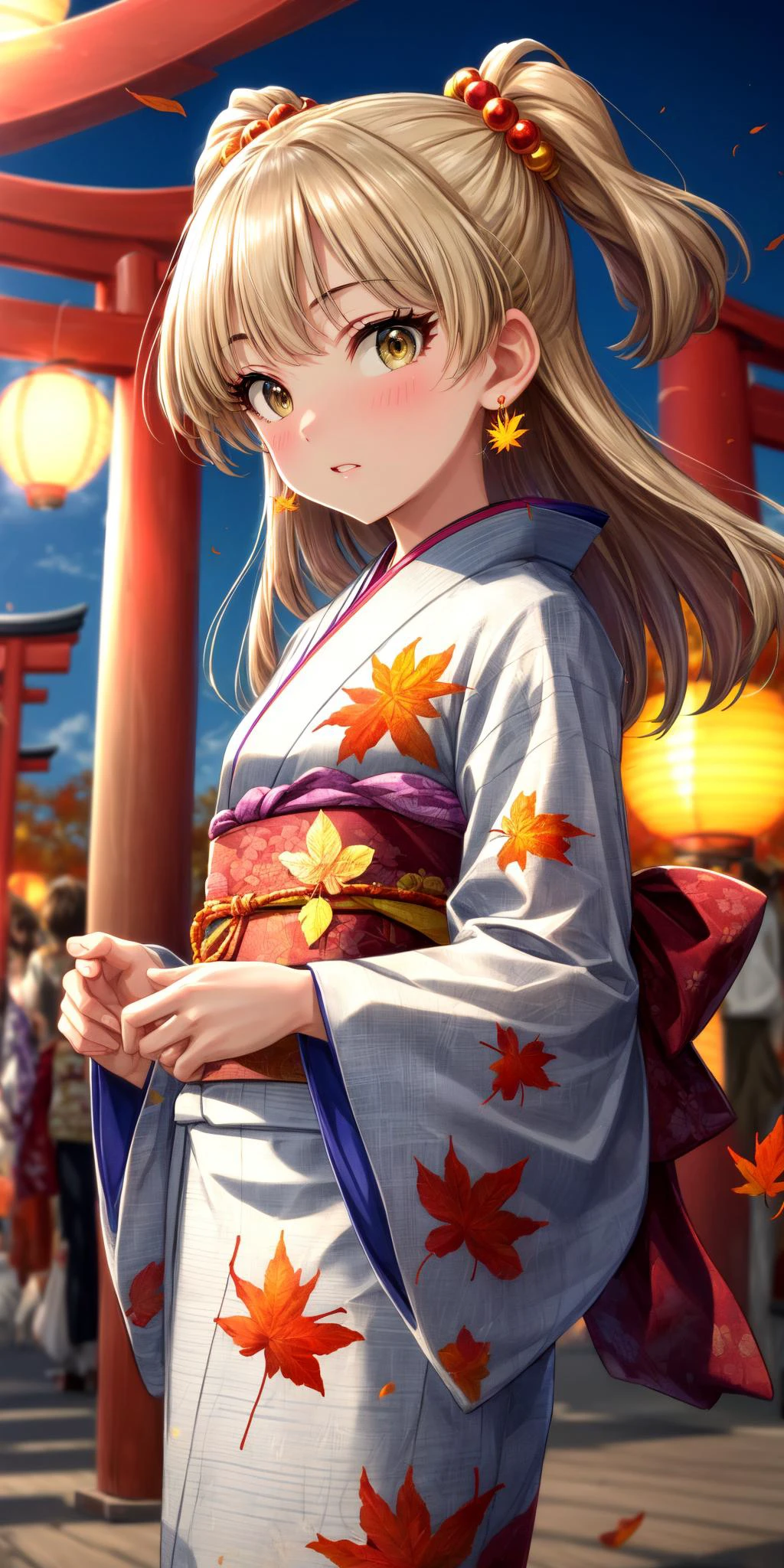 (masterpiece), best quality, (((ultra detailed, 8k quality))), expressive eyes, perfect face, perfect anatomy, perfect body, scene, <lora:scene_:0.7>, <lora:more_details:0.7>, <lora:beautiful_detailed_eyes:0.5>, <lora:GoodHands-beta2:1>, <lora:give_it_a_name:0.7>,
aarika, long hair, two side up, hair bobbles, small breasts, <lora:jougasaki_rika_v1:0.7>, autumn, autumn leaves, bangs, blurry, blurry foreground, blush, brown eyes, brown hair, burning, earrings, falling leaves, festival, fire, floral print, food stand, hair ornament, japanese clothes, jewelry, kimono, lamp, lantern, leaf, long hair, looking at viewer, maple leaf, multiple torii, obi, outdoors, paper lantern, print kimono, red kimono, solo, summer festival, sunset, torii, wide sleeves, yukata