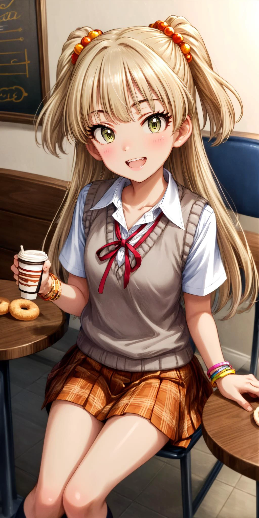 (masterpiece), best quality, (((ultra detailed, 8k quality))), expressive eyes, perfect face, perfect anatomy, perfect body, scene, <lora:scene_:0.7>, <lora:more_details:0.7>, <lora:beautiful_detailed_eyes:0.5>, <lora:GoodHands-beta2:1>, <lora:give_it_a_name:0.7>,
aarika, long hair, two side up, hair bobbles, small breasts, <lora:jougasaki_rika_v1:0.7>, open mouth, upper tooth, smile, , sitting, table, chair, coffee shop, holding coffee cup, doughnut, food, smile, school uniform, collarbone, neck ribbon, collared shirt, sweater vest, short sleeves, bracelet, plaid skirt, orange skirt