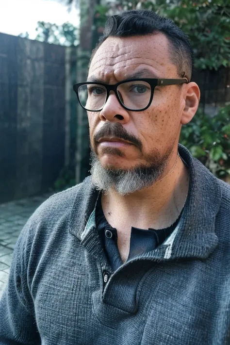 gner1, professional photo, closeup portrait photo of caucasian man wearing glasses, wearing black sweater, serious face, dramatic lighting, nature, gloomy, cloudy weather, bokeh