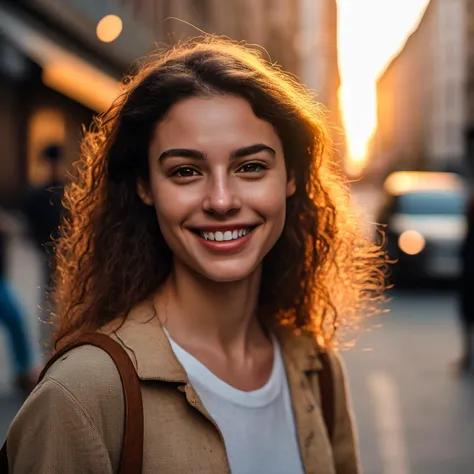 Candid photo of a beautiful j14n16, with captivating eyes, smiling amidst a bustling city, upper body framing, in a street photography setting, golden hour lighting:1.3), shot at eye level, on a Fujifilm X-T4 with a 50mm lens, in the style of Alfred Stieglitz