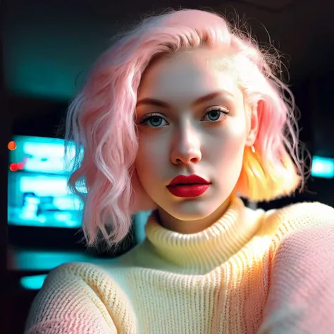 ((selfie)) photo , ((upper body selfie)), analog style (look at viewer:1.2) ,close up,pouted,cinematic, A young albino woman realism, cinematic outfit photo, cinematic pastel lighting, 80s neon movie still, knitted sweater