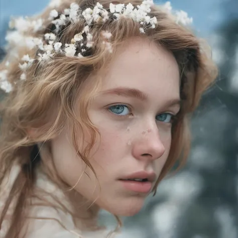 close-up leica kodak portra photo, 8k, professional, landscape, pretty visuals, alabaster skin, barely visible pale woman, sparkling, enchanted, delicate, mountain, great vibe, blue shy, white flowers, marble