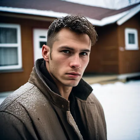 RAW Portrait photo of a 30yr old Russian male with (short back and sides) hairstyle, in In a 1990s Suburban Neighborhood: mud, snow, wooden houses