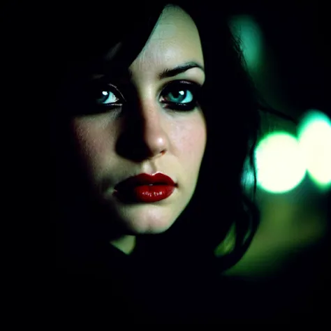 cam shot, lipstick, gothic makeup, analog film photo Deep photo,depth of field,ferrania p30 film,shadows,messy hair,perfect face and body,dark,nighttime,dark photo,grainy,dimly lit,seductive smirk,harsh camera flash, faded film, desaturated, 35mm photo, grainy, vignette, vintage, Kodachrome, Lomography, stained, highly detailed, found footage