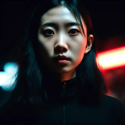 28 year old Chinese girl, sad, realistic, analog style, vhs style, 8mm film, cinematic lighting, rembrandt lighting, live portrait photography, contemporary photography, gothic dark intensity style, snapshot aesthetic, ren hang style, light black, chinapunk, slender, high detail, in motion