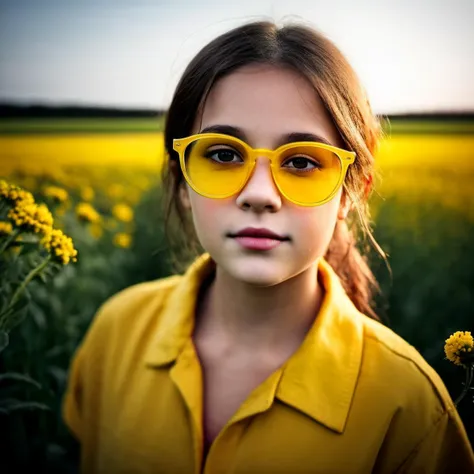 yellow-glasses, a photo of a close up shot of a girl wear a glasses,farm field backdrop