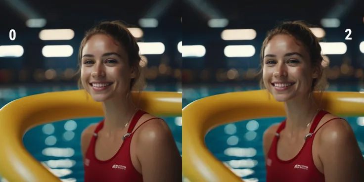 photograph close up portrait of female lifeguard smiling sitting on indoor pool side, serious, stoic cinematic 4k epic detailed 4k epic detailed photograph shot on kodak detailed bokeh cinematic hbo dark moody