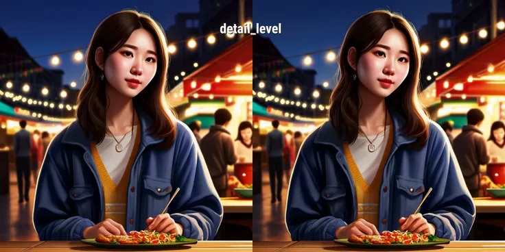 A photorealistic image of a cute Korean woman in her late teens or early twenties, dressed in a fashionable high-necked sweater. She should be standing or sitting in an urban setting, perhaps a bustling street or near a food stall. The focus should be on her enjoying a large bite of delicious street food, like a skewer or a wrap. Her expression should be one of delight and satisfaction, capturing the joy of the moment. The background should be slightly blurred to keep the focus on her, but still detailed enough to give a sense of the lively urban environment. The lighting should be natural and flattering, highlighting her features and the food she's enjoying.