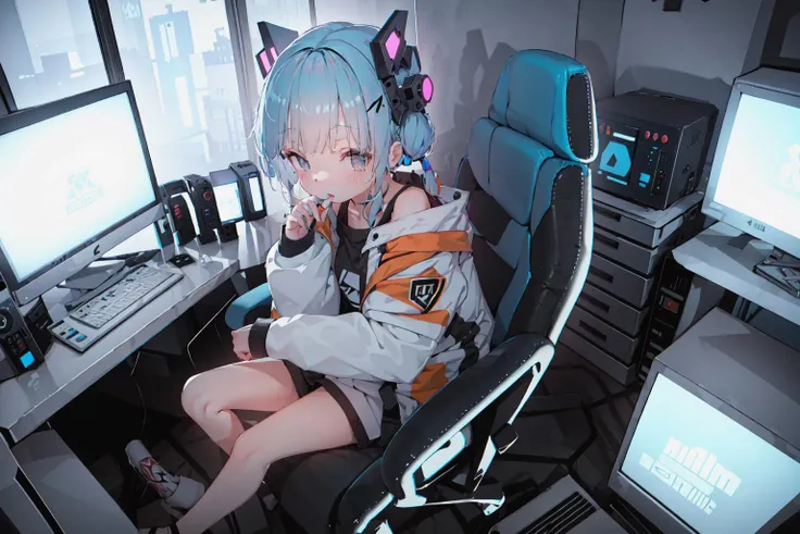 hojistyle99, 1girl, apartment, cyberpunk, blue, sitting in chair, head ornament, headgear, from above <lora:hoji_05-000032:1.0>