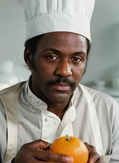 full color portrait of rr1, man, man wearing Chef's Tunic, Paper Chef's Hat, Salt Grinder, Citrus Zester, Sauce Whisk, masterpiece, best quality, sharp focus, 8k highres, ultra-detailed, rim light, (grey background:1.0), <lora:RichardRoundtree:0.9>