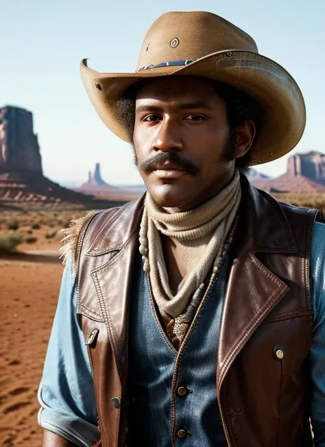 <lora:RichardRoundtree:.85>, a Realistic Full Portrait Photo of rr1, man with afro, detailed face, detailed eyes, (highly detailed skin:1.1), perfect body, wearing (("Stetson hat, denim shirt, leather vest, bandana, cowboy boots")), best quality, Modelshoot style, Soft Lighting, Professional Photography, Photorealistic, Sunrise, in monument valley, background, blurred background, volumetric fog, RAW, analog style, sharp focus, 8k, HD, DSLR, high quality, Fujifilm XT3, film grain, award winning. masterpiece,