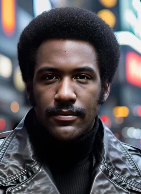 <lora:RichardRoundtree:1>, a Realistic Full Portrait Photo of rr1, man with afro, detailed face, detailed eyes, (highly detailed skin:1.1), perfect body, wearing ((black leather jacket)), best quality, Modelshoot style, Soft Lighting, Professional Photography, Photorealistic, Sunrise, in grungy 1970s times square, background, blurred background, volumetric fog, RAW, analog style, sharp focus, 8k, HD, DSLR, high quality, Fujifilm XT3, film grain, award winning. masterpiece,