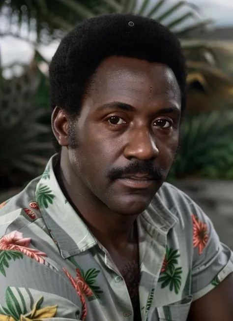 full color portrait of rr1, man, man wearing Hawaiian shirt, masterpiece, best quality, sharp focus, 8k highres, ultra-detailed, rim light, (grey background:1.0), <lora:RichardRoundtree:0.9>