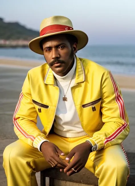 <lora:RichardRoundtree:1>, a Realistic Full Portrait Photo of rr1 a black man man with black hair, detailed face, detailed eyes, (highly detailed skin:1.1), perfect body, wearing ((CherryRed Silk Moroccan Plaid trousers and Light yellow Felt Tribal Track jacket and High-top sneakers and Panama hat and Money clip)), best quality, Modelshoot style, Soft Lighting, Professional Photography, Photorealistic, Sunrise, in a small coastal town, background, blurred background, volumetric fog, RAW, analog style, sharp focus, 8k, HD, DSLR, high quality, Fujifilm XT3, film grain, award winning. masterpiece,
