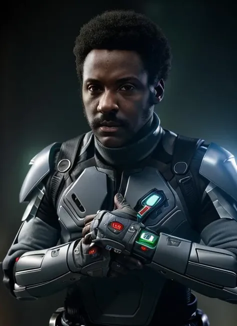 full color portrait of rr1, man, man wearing Exoskeleton Armor, Glowing Visor, Cybernetic Gauntlets, Energy Blade, Neural Disruptor, masterpiece, best quality, sharp focus, 8k highres, ultra-detailed, rim light, (grey background:1.0), <lora:RichardRoundtree:0.9>