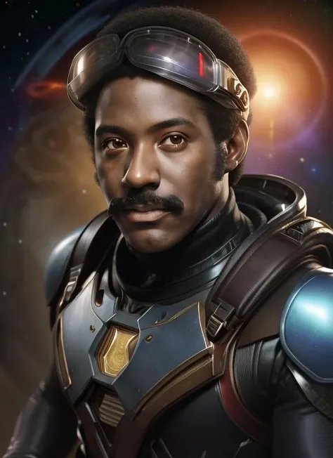 photo of  rr1, man, man, black man, mustache, afro,  (in Galactic Explorer Suit, Laser Blaster, Data Gauntlet, Energy Core Backpack, Holographic Visor:1.2), photorealistic painting,  portrait, stunningly attractive(extremely detailed 8k wallpaper), highly detailed face, intricate, 8k, highly detailed, volumetric lighting, digital painting, intense, sharp focus, art by artgerm and rutkowski and alphonse mucha, cgsociety,  vibrant, dynamic atmosphere, photorealistic, closeup 
 <lora:RichardRoundtree:.85>