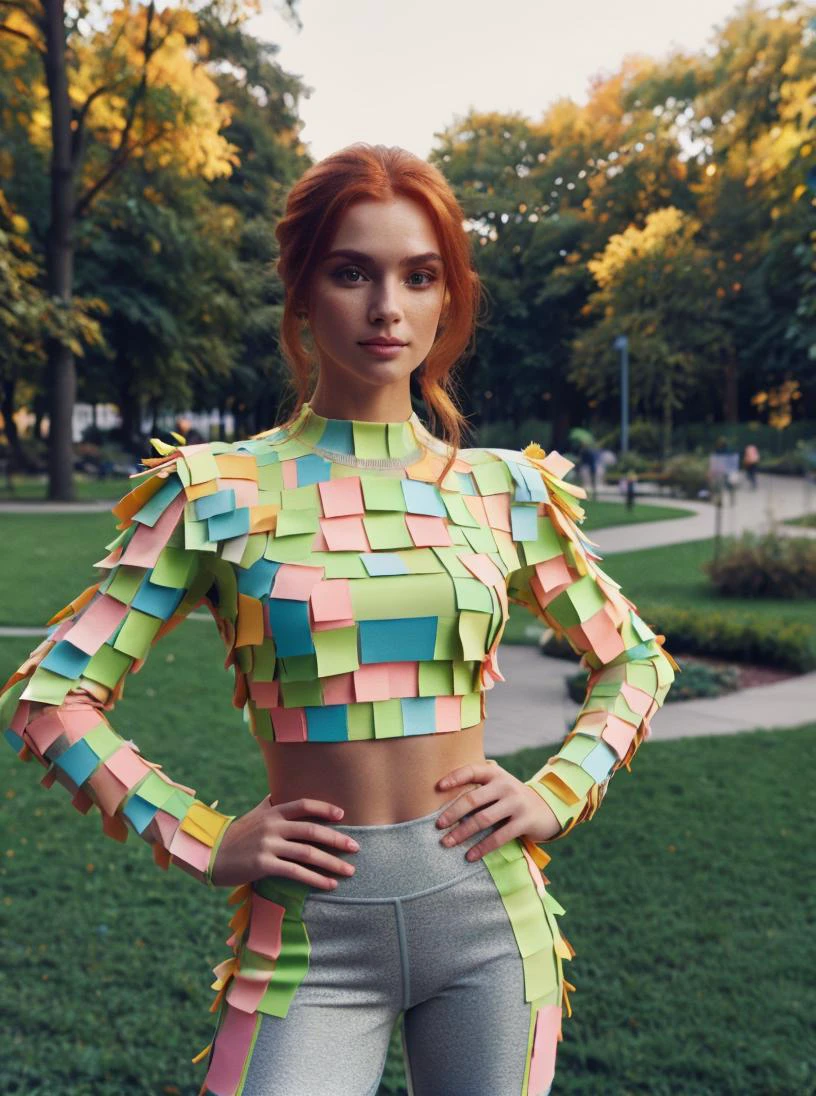 RAW photo, 1girl, posing, ginger hair, (gym outfit:1.2) made of post-its, postitsfashion, complex park background
<lora:StickersFashion:0.65> , 8k uhd, dslr, soft lighting, high quality, film grain, Fujifilm XT3, (intricate details:0.9), (hdr, hyperdetailed:1.2)