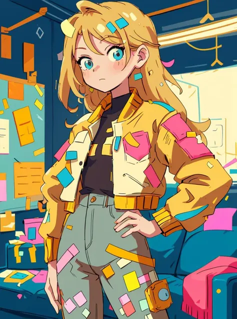 illustartion, digital art, 1girl, posing, blond hair, (jacket:1.2) made of post-its, postitsfashion, complex living room background, flat colors
 <lora:StickersFashion:0.65>