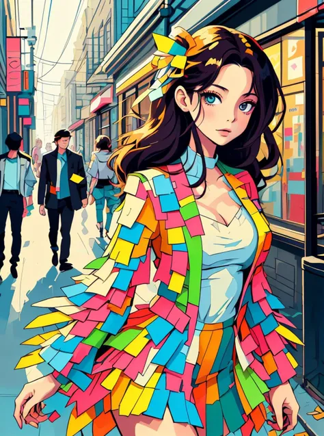 illustartion, digital art, 1girl, posing, brunette hair, (street outfit:1.2) made of post-its, postitsfashion, complex living room background, flat colors
 <lora:StickersFashion:0.65>