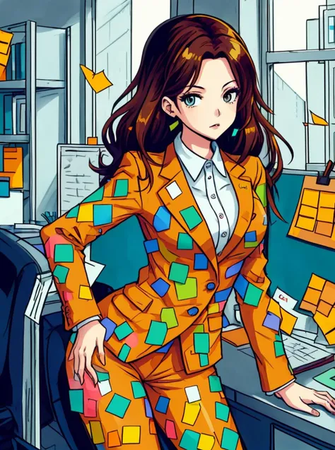 illustartion, digital art, 1girl, posing, brunette hair, (office suit:1.2) made of post-its, postitsfashion, complex living room background, flat colors
 <lora:StickersFashion:0.65>