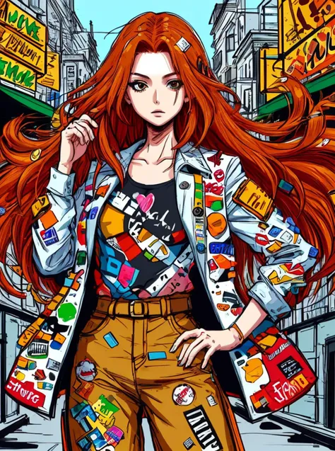 illustartion, digital art, 1girl, posing, ginger hair, (street outfit:1.2) made of stickers, stickersfashion, complex street background, flat colors
 <lora:StickersFashion:0.65>