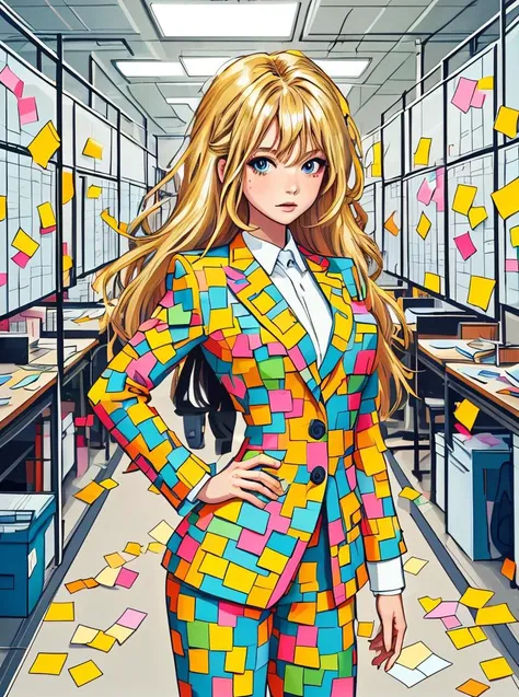 illustartion, digital art, 1girl, posing, blond hair, (office suit:1.2) made of post-its, postitsfashion, complex street background, flat colors
 <lora:StickersFashion:0.65>