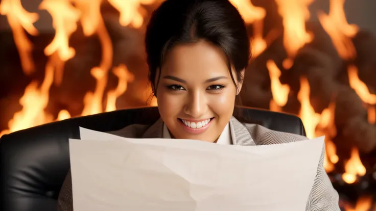 <lora:StickersFashion:0.20>, postitsfashion, made of post-its, office, office chair, computer, desk, fire background, smile, looking at viewer, (paper on forehead), upper body, (room on fire, flames, fiery background, office on fire)