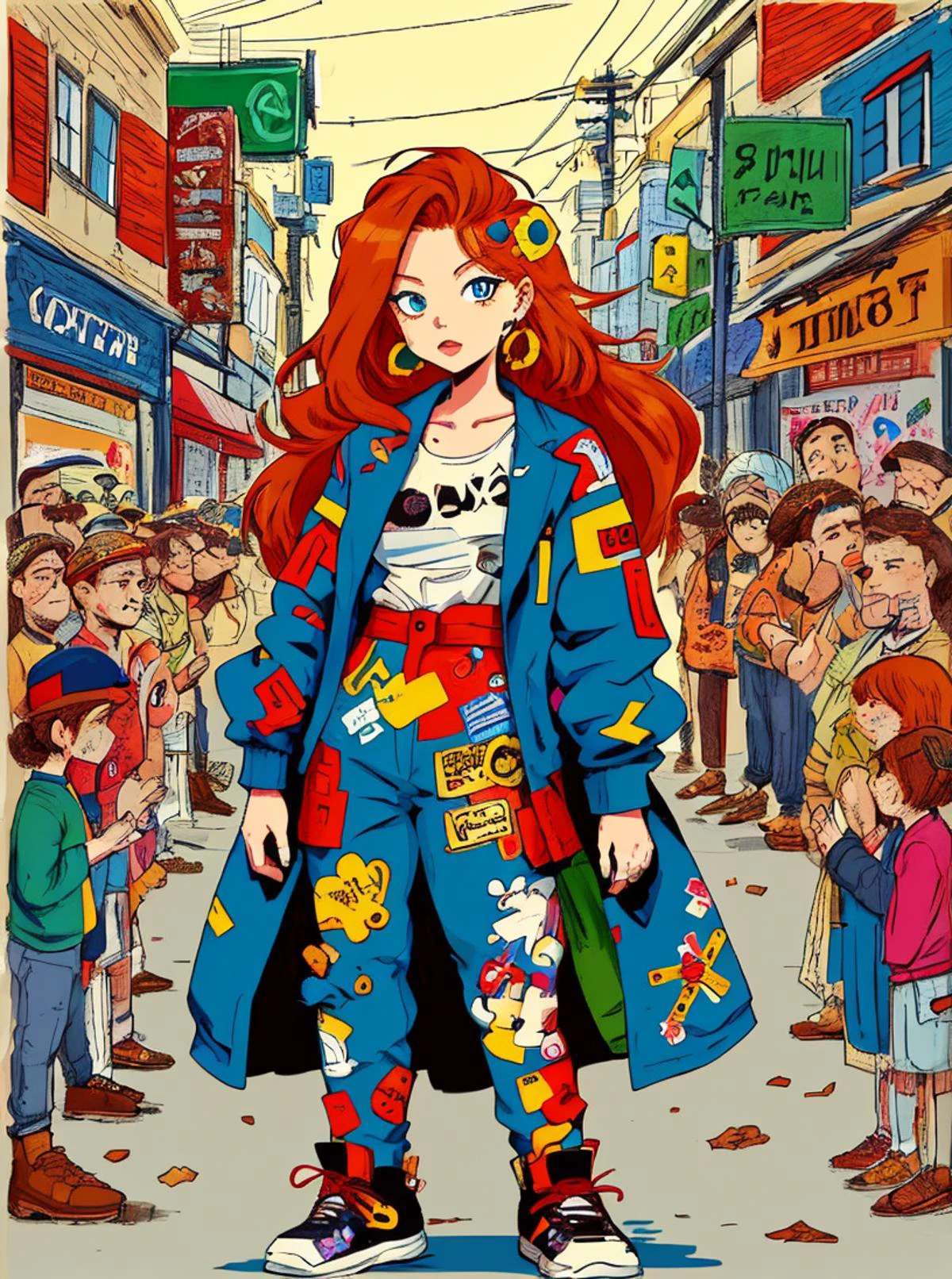 illustartion, digital art, 1girl, posing, ginger hair, (street outfit:1.2) made of stickers, stickersfashion, complex living room background, flat colors
<lora:StickersFashion:0.65>
