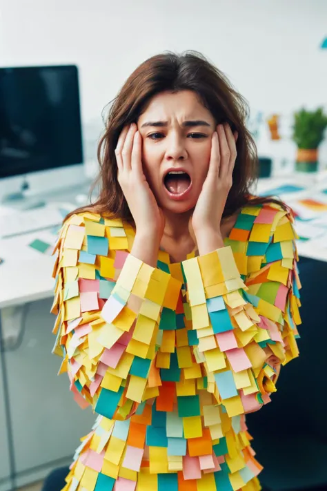 1girl, postitsfashion, made of post-its,  text on notes,  office, office lady, blouse, long black dress pants, (hands on head, hands in hair, mouth open, screaming:1.5), working at her desk, stacks of paper, documents, files, messy desk, computer, mug full of pens, brown hair, ordinary, indoors, <lora:StickersFashion:0.7>, detailed face, detailed eyes,  intricate details, RAW, analog style, film grain, skin details, high detailed skin texture, 8k hdr, dslr, raw amateur candid photography, evocative pose, 4k, sharp focus, masterpiece, award winning photo, analog style photo, film grain, Fujifilm XT3
