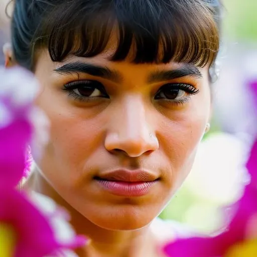 sofiaboutella a beautiful (A captivating close up portrait of a woman's face, as the iris is captured with a fast shutter speed and the pupil is tightly focused. The iris is drawn in a shallow depth of field, emphasizing the woman's form and the vibrant colors of her dress. Subtle, detailed details such as the outline of the iris and the contours of her face are captured in vibrant, macro photography. fast shutter speed, telephoto lens, natural light