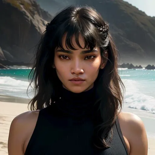 sofiaboutella a photo of a woman 26 years old,(sharp focus:1.2), photo, attractive woman, (beautiful face:1.1), detailed eyes, luscious lips, (cat eye makeup:0.85), (large eyes:1.0), (toned body:1.2), (long hair:1.2), busty, wearing (turtleneck:1.2) on a (beach:1.2).(arms behind head:1.2), (moody lighting:1.2), depth of field, bokeh, 4K, HDR. by (James C. Christensen:1.2|Jeremy Lipking:1.1), body freckles, beautiful eyes, beauty andy skin, sand on skin
