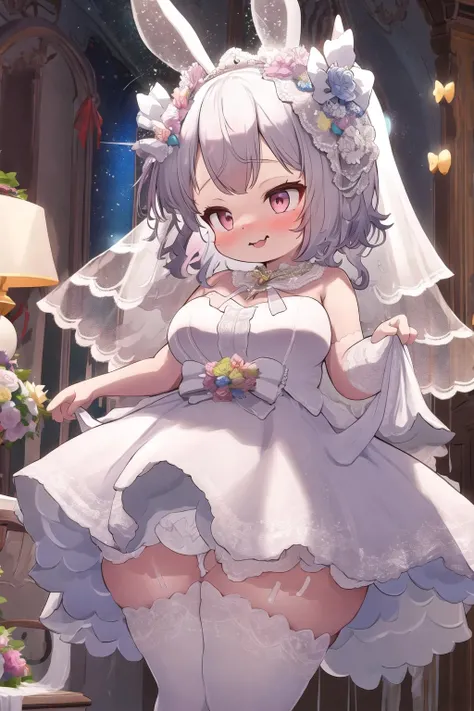 <lora:ro:0.8> 4K, extremely detailed, chubby, bunny, wedding dress, stockings