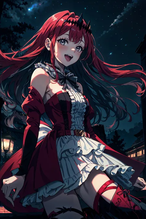 1girl, bba1, baobhan, tiara, <lora:Baobhan:1>, open mouth, smile, <lora:add_detail:0.2>, night sky, , ((Medium Long Shot, Deep Focus, Ground Level Shot)),