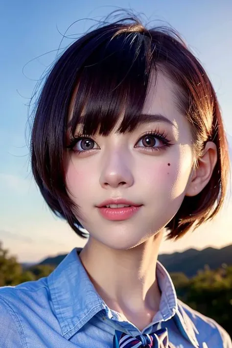 (8k, best quality, masterpiece:1.2), (realistic, photo-realistic:1.37), ultra-detailed, 1 girl,cute, solo,beautiful detailed sky,(nose blush),(smile:1.1),(closed mouth) medium breasts,beautiful detailed eyes,(collared shirt:1.1), bowtie,pleated skirt,(short hair:1.2),floating hair NovaFrogStyle, sandman, <lora:chineseCosplayerXiaorouseeu_v10:0.66>