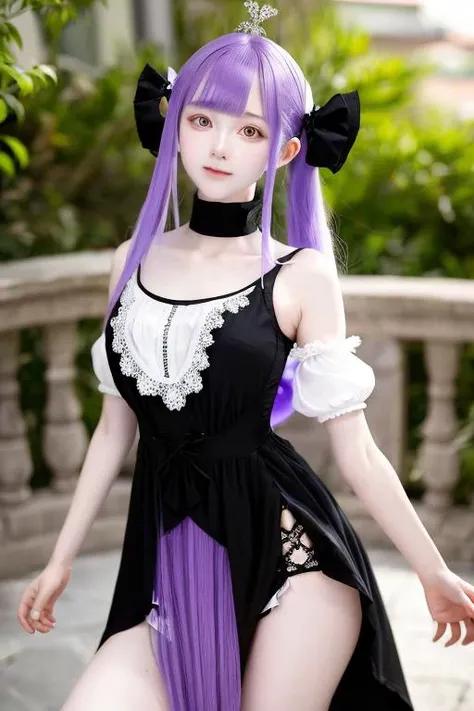 absurdres, masterpiece, best quality, high quality, 8k uhd, professional photo shoot,
beautiful, girl, cute, lovely, young, pure innocent, k-pop idol,
This is a photo with serious depth of field.
In the center of the photo is the whole body of a girl.
She was a young girl, only 16, with a slender figure.
She is very lovely, with a fair and smooth face.
Her long (light purple hair:1.3) hangs over her shoulders, with air bangs on her forehead.
She looks at the camera with her big watery eyes and a gentle smile.
She wears (black high-low dress:1.3).
Her skin was as pale as porcelain.
She is as delicate and beautiful as a doll.
Her legs are slender and straight, her round thighs are slender and white, and her calves are slender and white.
<lora:chineseCosplayerXiaorouseeu_v10:0.8>