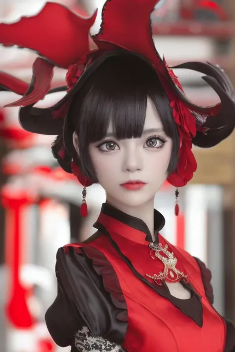 ((detailed facial features)), best quality, ultra high res, (photorealistic:1.4),a beautiful girl, [:(detailed face:1.2):0.2], kawaii, (Slender jawline:0.8), black twintwils ,red and another coler china dress, china accessories, middle breast,<beautiful_mistake-6500:0.2>, <lora:xiaorouseeu_v10:0.65>,smile, red iris, full shot,Random posture, (Adult face:0.5),<standingFullBodyWithBackgroundStyle_v10Offset>, full body, from front, slim, skinny,lolita, short stature,  girl,look at viewer,lens 135mm,f1.8,
