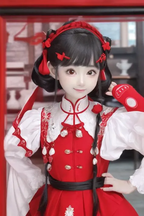 ((detailed facial features)), best quality, ultra high res, (photorealistic:1.4),a beautiful girl, [:(detailed face:1.2):0.2], kawaii, black twintwils ,red and another coler china dress, china accessories, middle breast,<beautiful_mistake-6500:0.2>, <lora:xiaorouseeu_v10:0.65>,smile, full shot,Random posture, Slender jawline,Adult face,<standingFullBodyWithBackgroundStyle_v10Offset>, full body, from front, slim, skinny,lolita, short stature,  girl,short stature, little look at viewer,lens 135mm,f1.8,