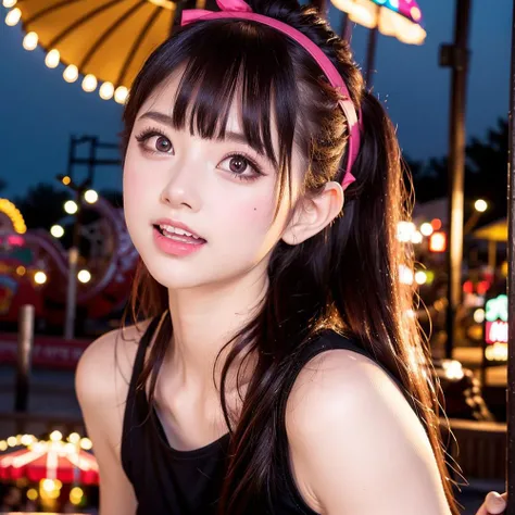 portrait, highest quality, ((Professional photos, RAW Photos)), Insanely Real, Very delicate and beautiful, Ultra-high resolution, Realistic lighting and shading, neon , night , Shibuya in japan , 16 years old , Numerous hair ornaments in her hair. Cute and colorful dress. Numerous light objects in the shape of light flying around., viewer's perspective , random cute pose , paw pose , face closeup huge shy smile